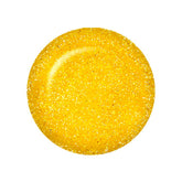 Swatch of IBD Sunnies & Scarves, a metallic golden yellow polish, packed with sparkle for a dazzling, party-ready manicure.